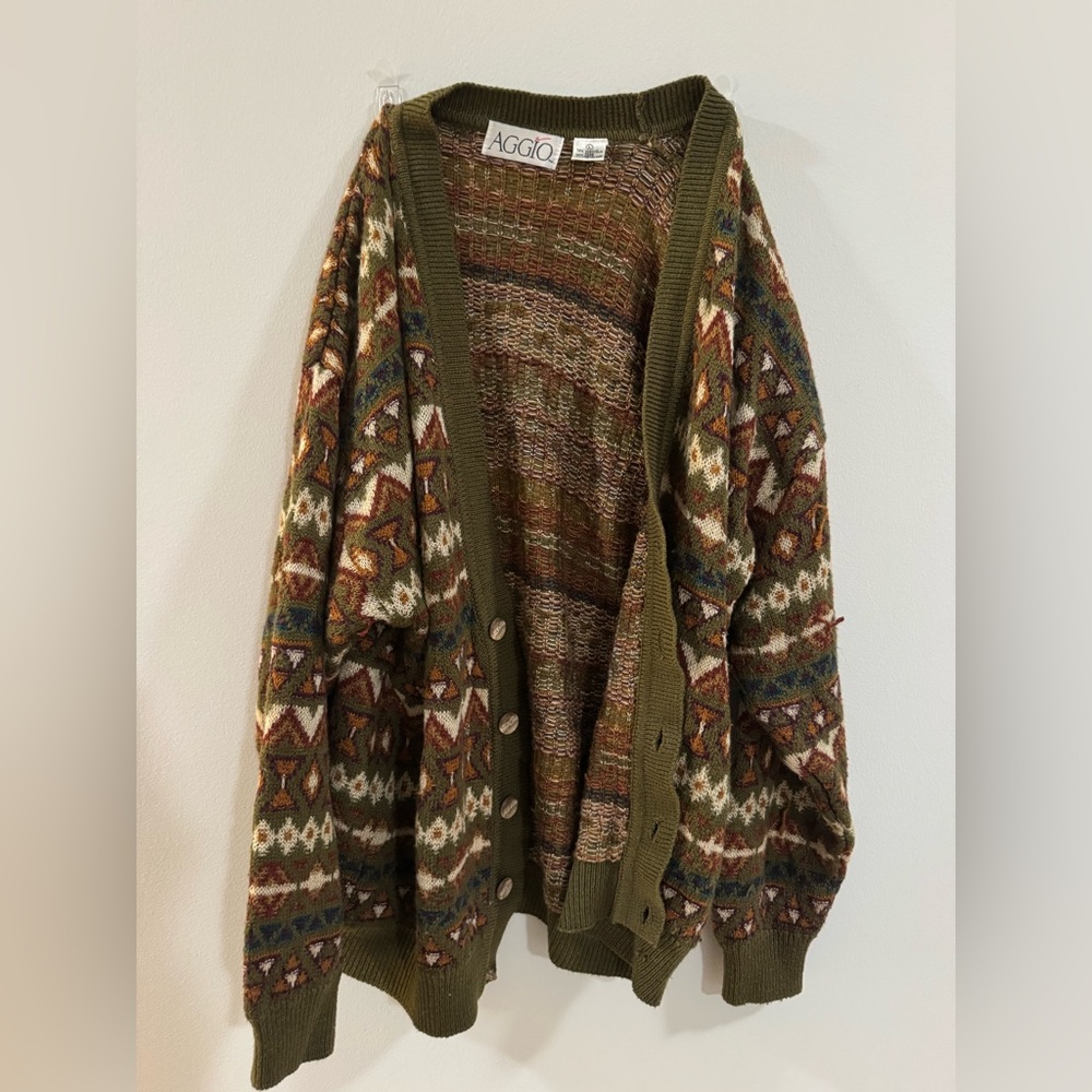 Olive Multi-Pattern Button Cardigan Sweater
